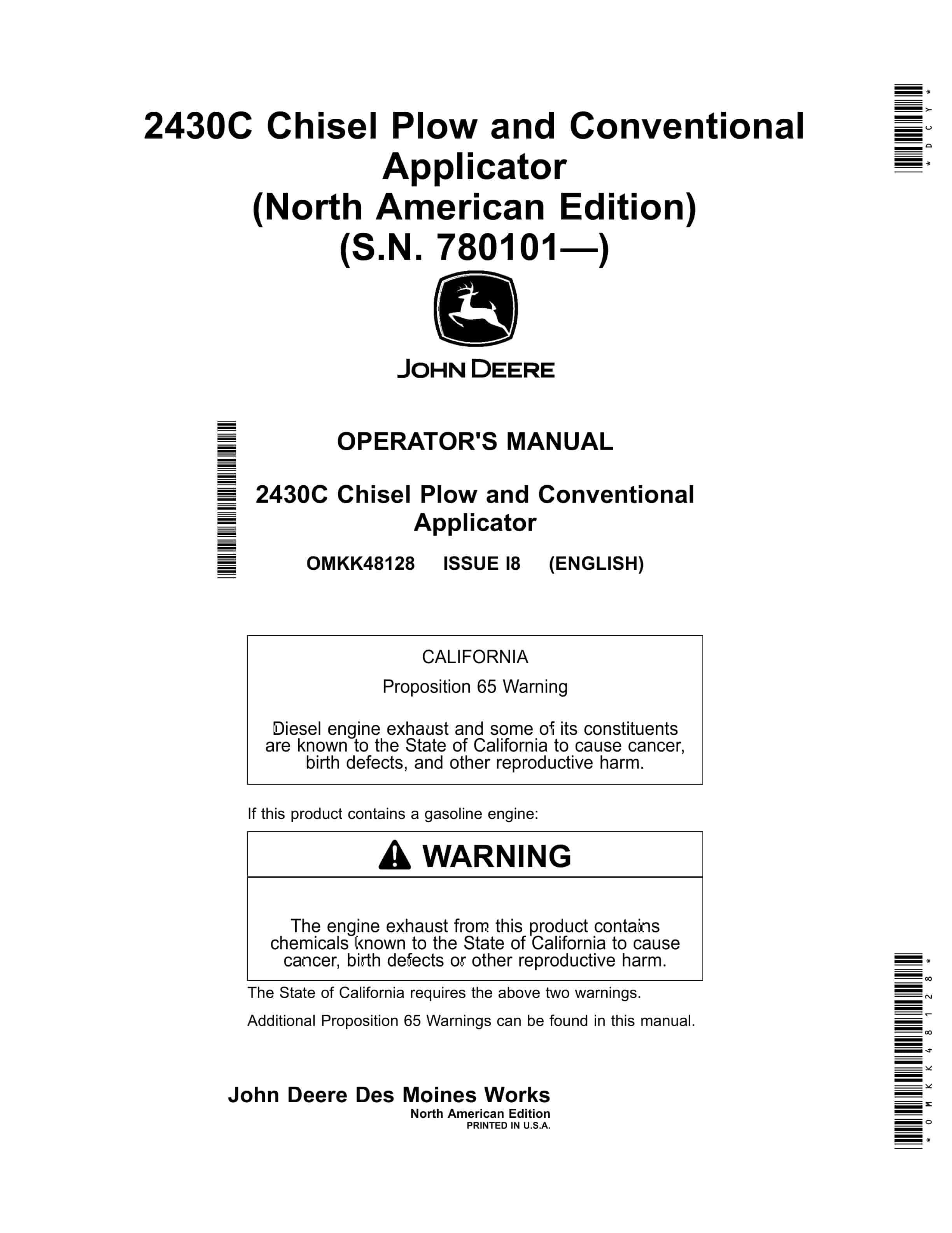 John Deere Conventional Applicator and 2430C Chisel Plow Operator Manual OMKK48128 1
