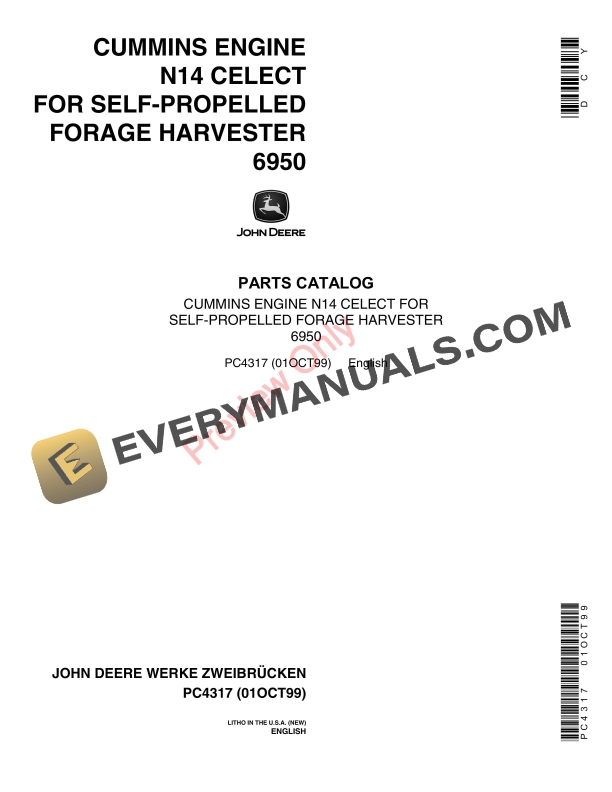 John Deere Cummins Engine N14 Celect for 6950 Forage Harvester Parts Catalog PC4317 01OCT99