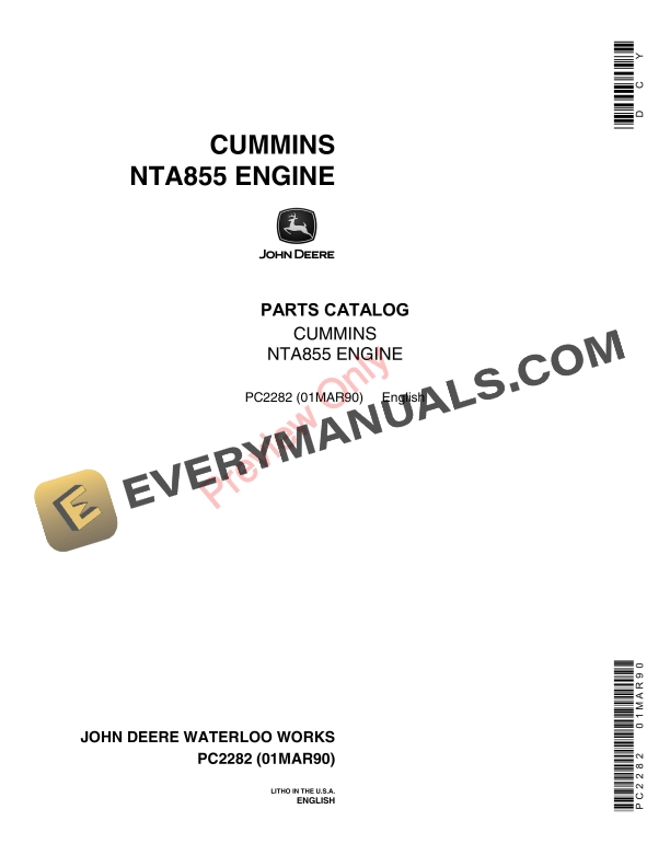 John Deere Cummins NTA855 Engine Parts Catalog PC2282 01MAR90