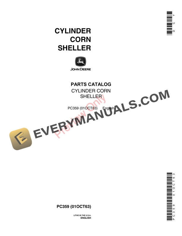 John Deere Cylinder, Corn Sheller - No. 6 Parts Catalog PC359 01OCT63 1 John Deere Cylinder Corn Sheller No. 6 Parts Catalog PC359 01OCT63 1
