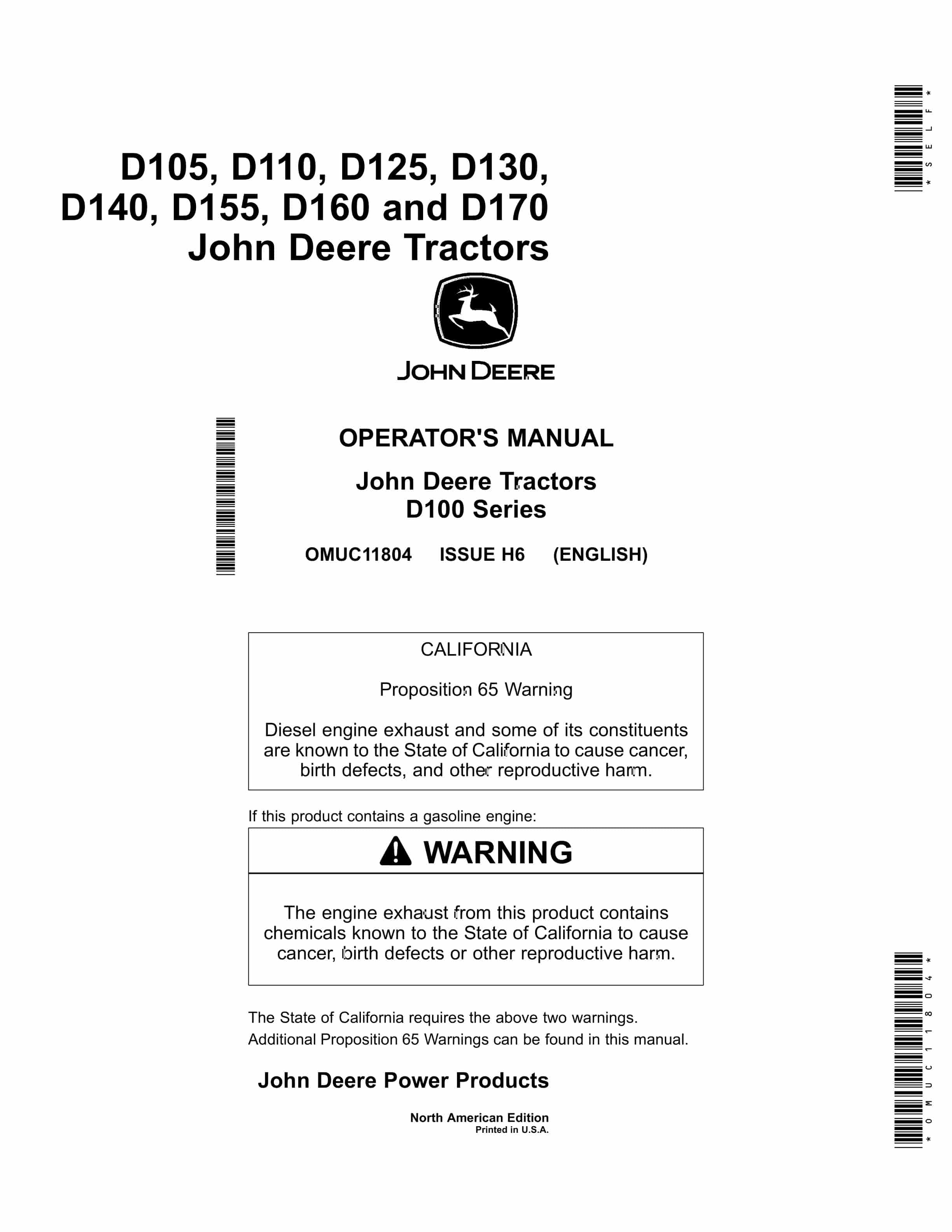 John Deere D105 D110 D125 D130 D140 D155 D160 and D170 Tractors Operator Manual OMUC11804 1