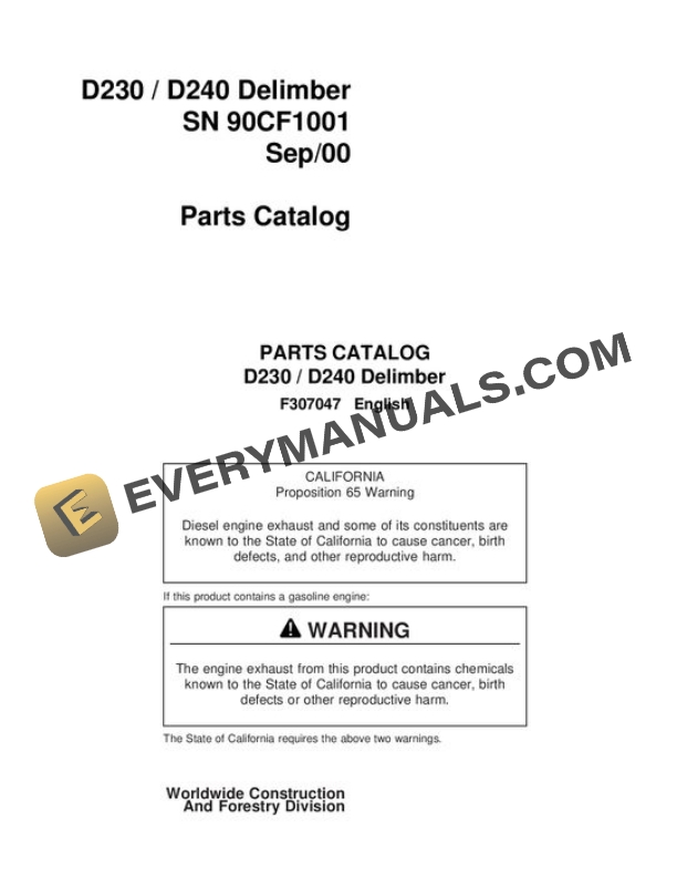 John Deere D230 D240 Delimber Parts Catalog F307047