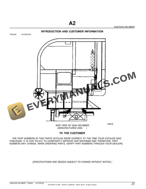 John Deere D230 D240 Delimber Parts Catalog PC9249
