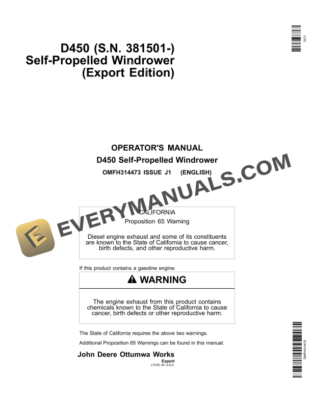 John Deere D450 Self-Propelled Windrower Operator Manual OMFH314473 1 John Deere D450 Self Propelled Windrower Operator Manual OMFH314473 1