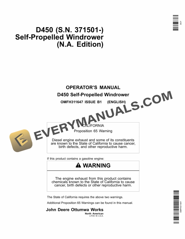 John Deere D450 Self-Propelled Windrower Operator Manual OMFH311647