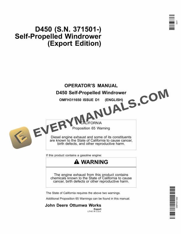 John Deere D450 Self­Propelled Windrower Operator Manual OMFH311650 1