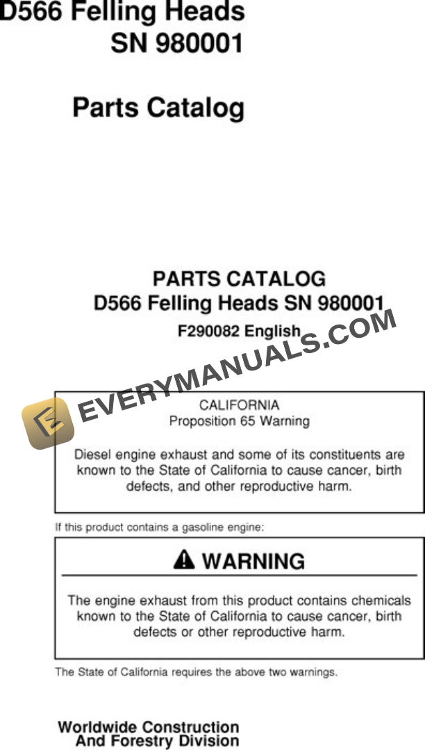 John Deere D566 Felling Head Parts Catalog F290082