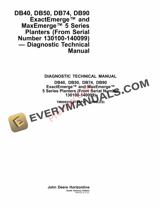John Deere DB40, DB50, DB74 and DB90 Series Planters Diagnostic Technical Manual TM806519 07SEP21