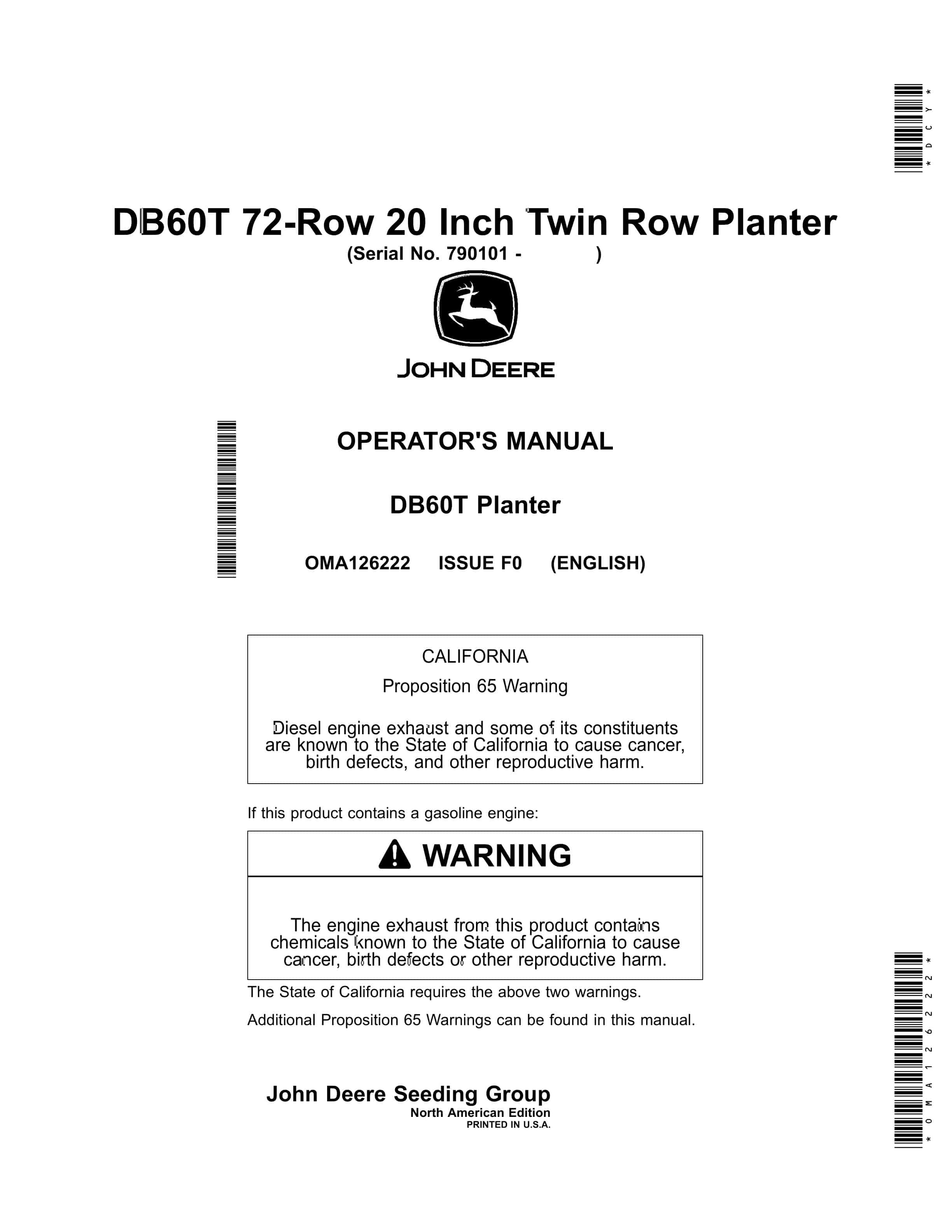 John Deere DB60T 72 Row 20 Inch Twin Row Planter Operator Manual OMA126222 1
