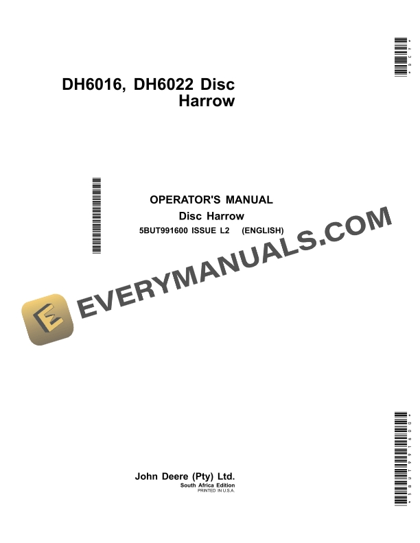 John Deere DH6016 DH6022 Disc Harrow Operator Manual 5BUT991600 1