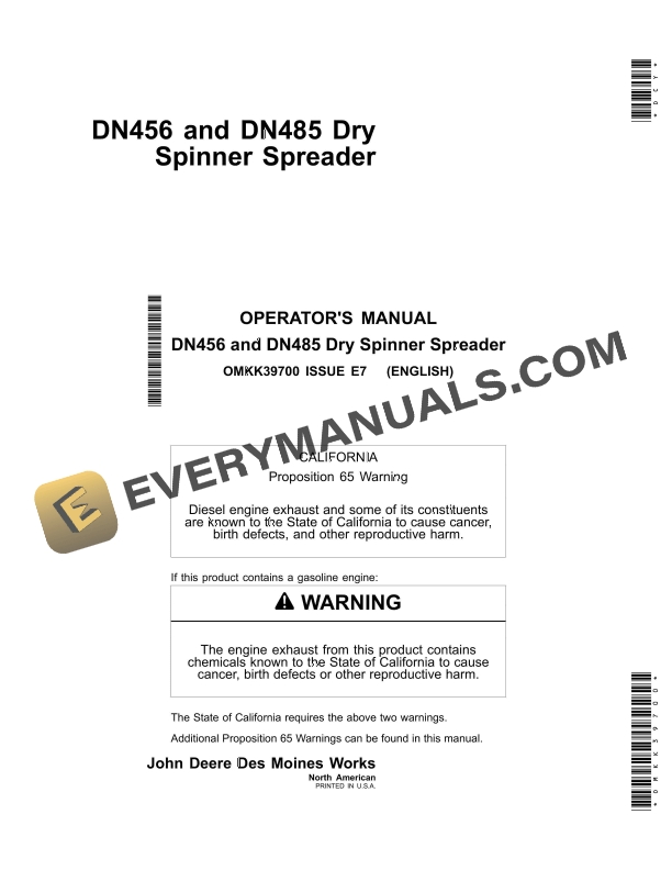 John Deere DN456 and DN485 Dry Spinner Spreader Operator Manual OMKK39700 1