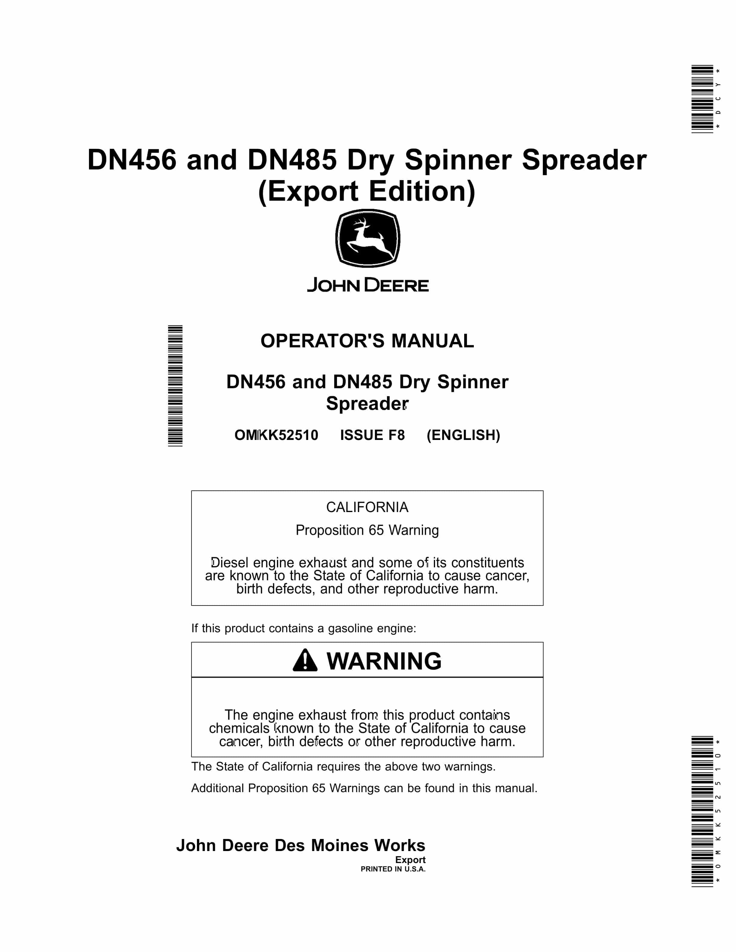 John Deere DN456 and DN485 Dry Spinner Spreader Operator Manual OMKK52510 1
