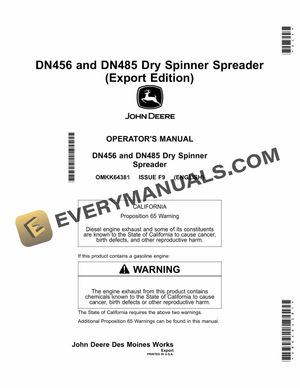 John Deere DN456 and DN485 Dry Spinner Spreader Operator Manual OMKK64381 1