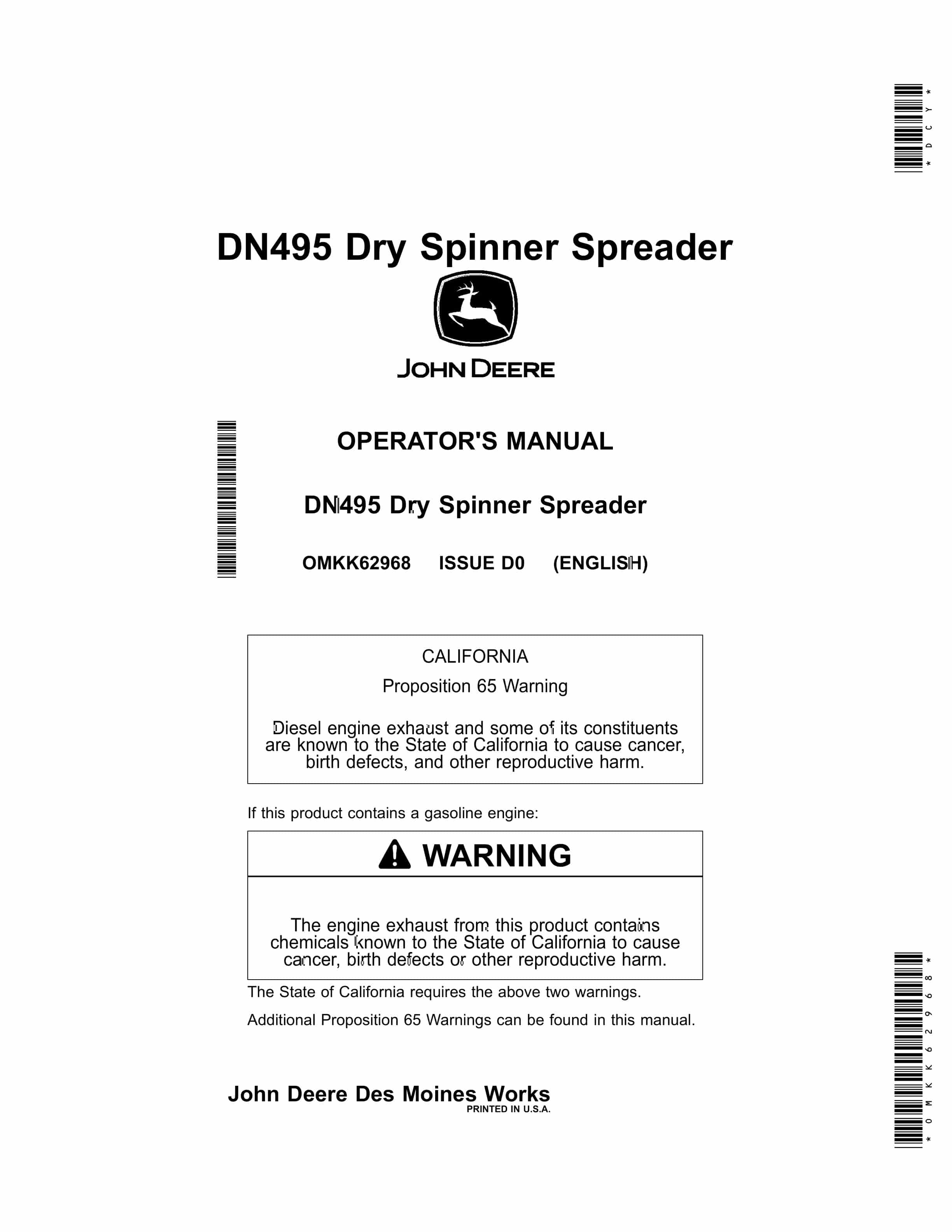 John Deere DN495 Dry Spinner Spreader Operator Manual OMKK62968 1