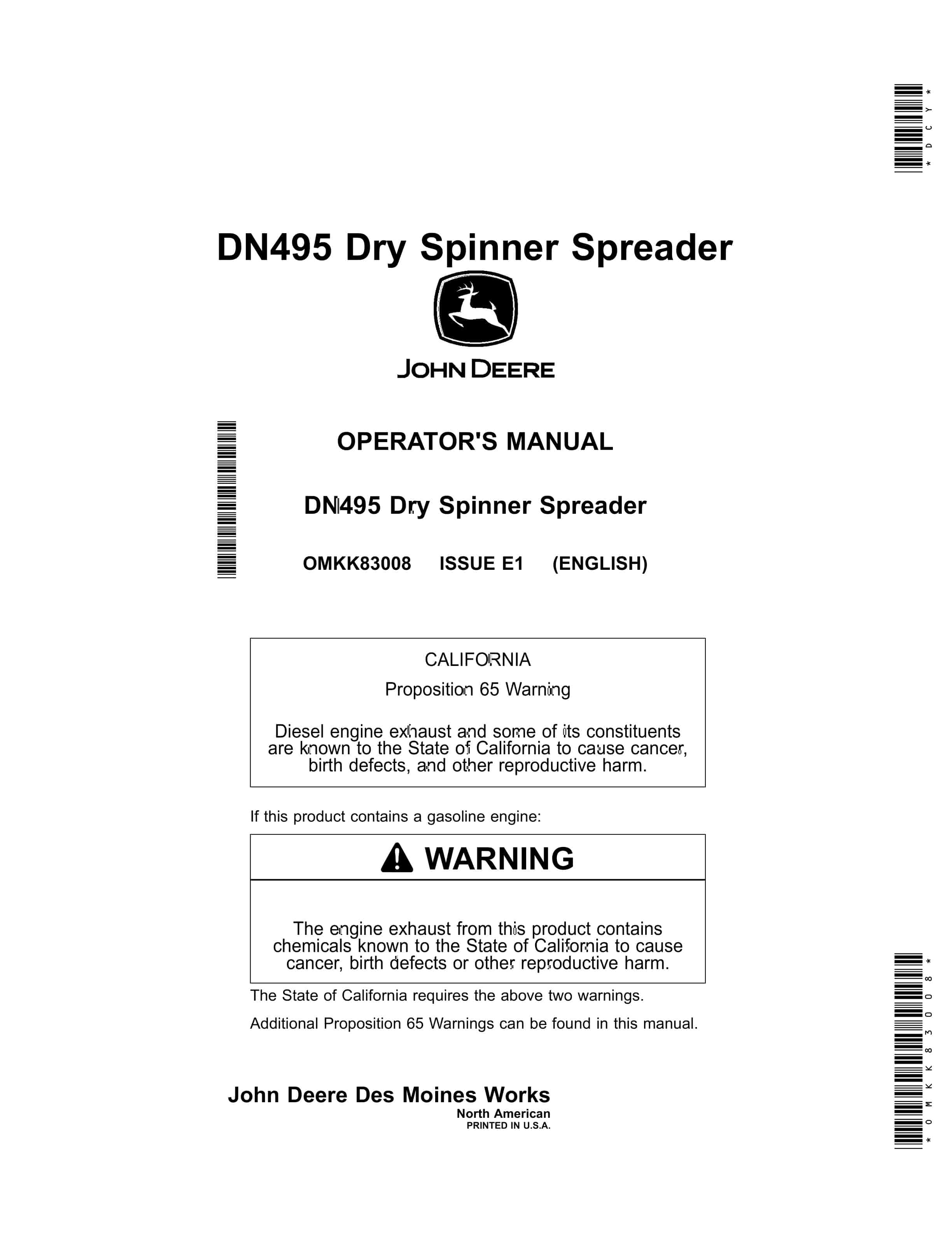 John Deere DN495 Dry Spinner Spreader Operator Manual OMKK83008 1