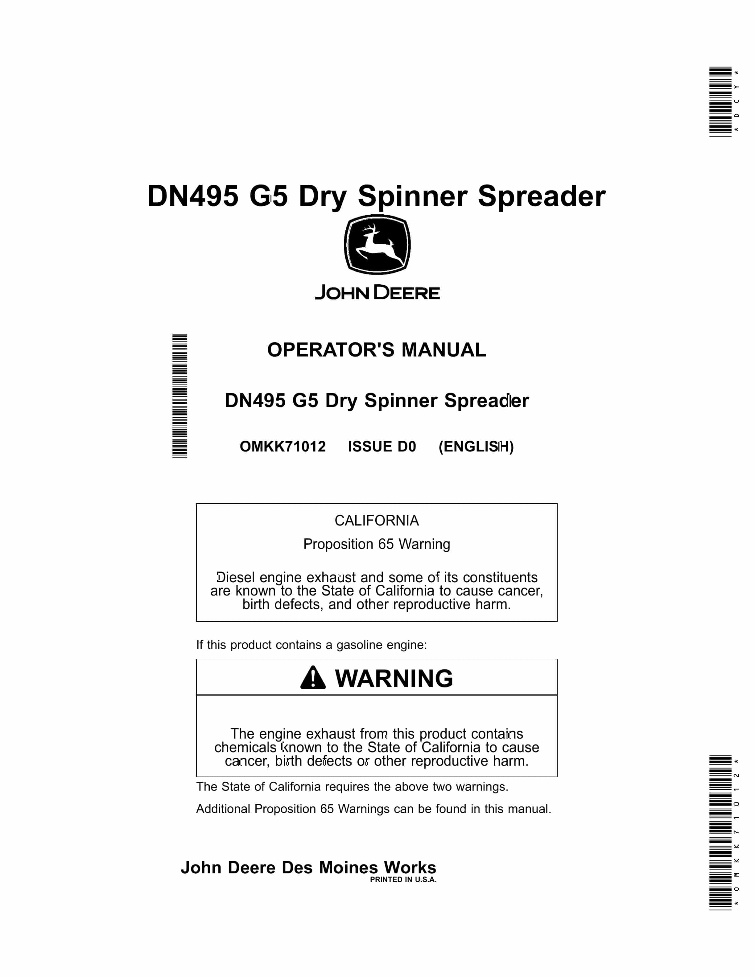 John Deere DN495 G5 Dry Spinner Spreader Operator Manual OMKK71012 1