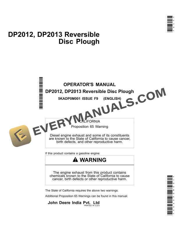 John Deere DP2012 DP2013 Reversible Disc Plough Operator Manual 5KADP0M001 1