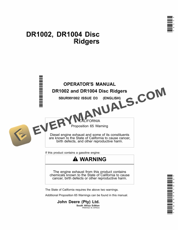 John Deere DR1002 and DR1004 Disc Ridgers Operator Manual 5BUR991002 1