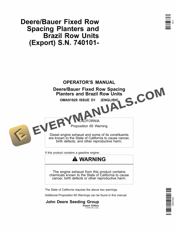 John Deere Deere Bauer Fixed Row Spacing Planters and Brazil Row Units Operator Manual OMA91829 1