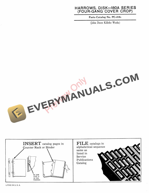 John Deere Disk Harrows 180A Series Four Gang Cover Crop Parts Catalog PC218 01MAR60 1