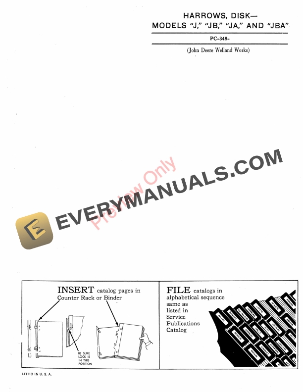 John Deere Disk Harrows Models J JB JA JBA Parts Catalog PC348 01JUL59 1