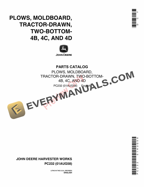 John Deere Drawn Tractor Two Bottom Moldboard Plows 4B 4C 4D Parts Catalog PC232 01AUG58 1