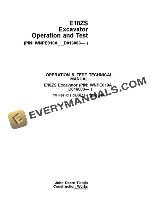John Deere E18ZS Excavator Test Manual TM14361X19