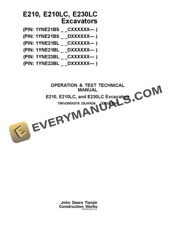 John Deere E210 E210LC E230LC Excavator Test Manual TM14396X019