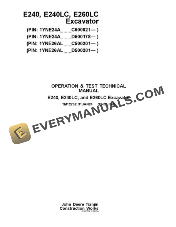 John Deere E240 E240LC E260LC Excavator Test Manual TM12732