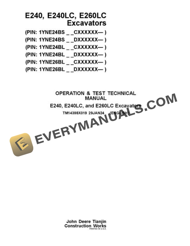 John Deere E240-II E260-II Excavator Test Manual TM14398X019