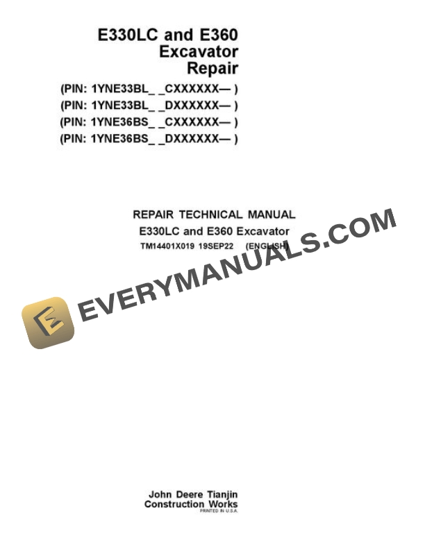 John Deere E330-II E360-II Excavator Repair Manual TM14401X019