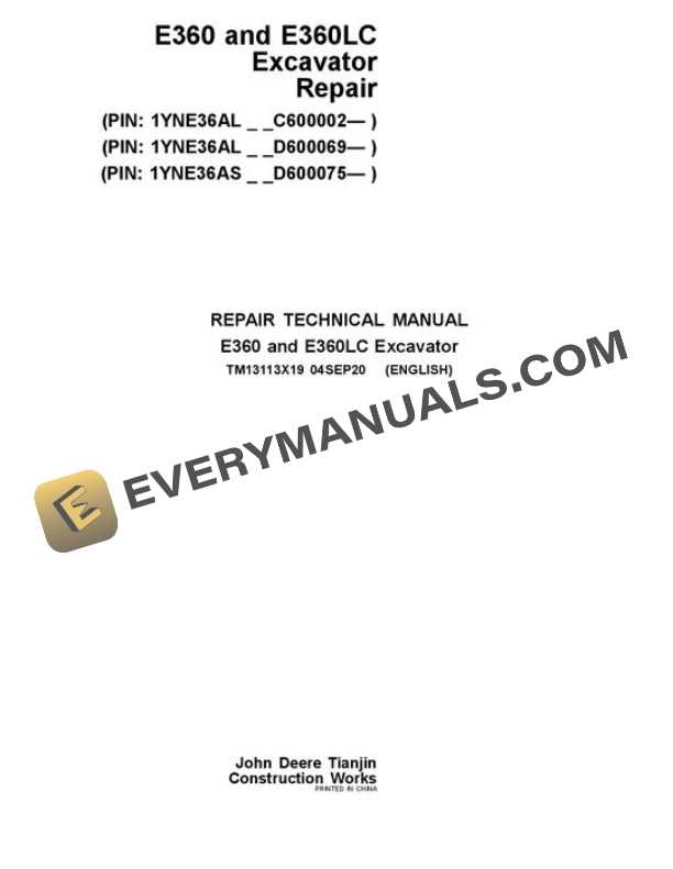John Deere E360LC E360 Excavator Repair Manual TM13113X19