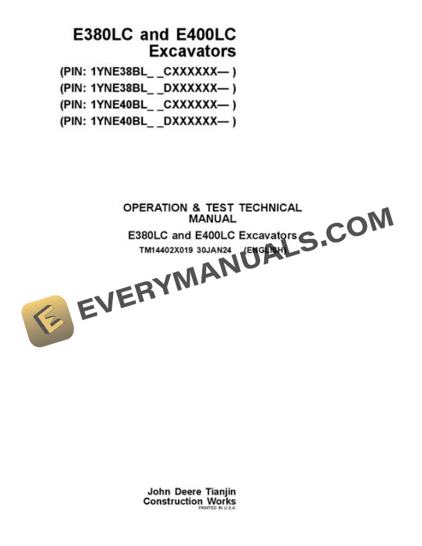 John Deere E380LC E400LC Excavator Test Manual TM14402X019