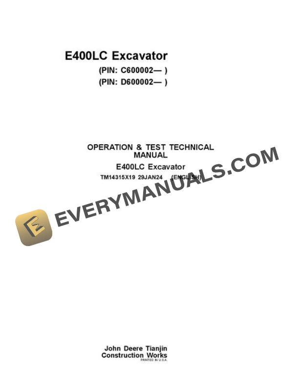 John Deere E400LC Excavator Test Manual TM14315X19