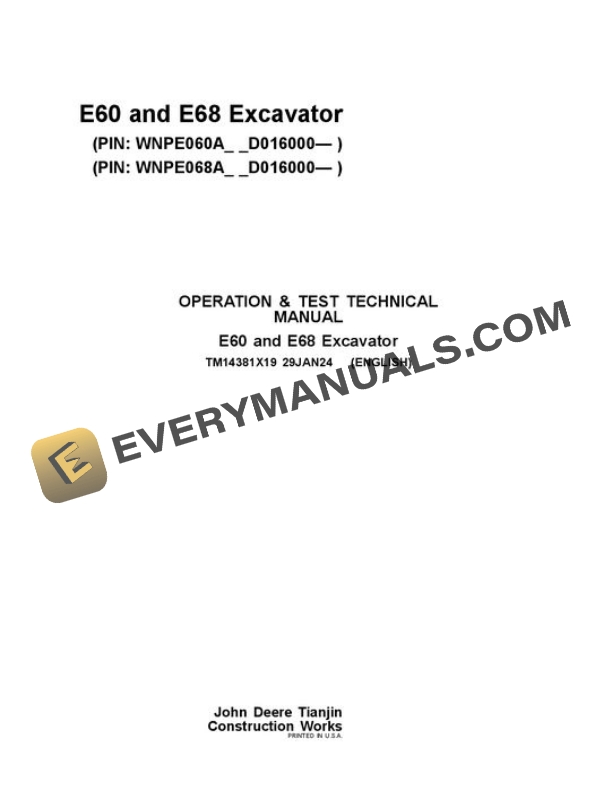 John Deere E68 E60 Excavator Test Manual TM14381X19