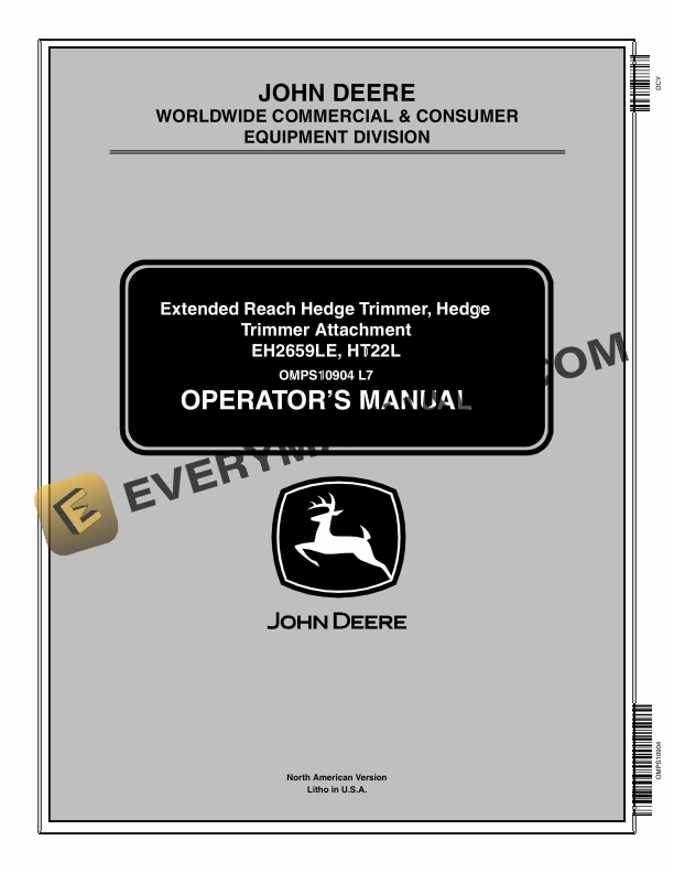 John Deere EH2659LE, HT22L Extended Reach Hedge Trimmer, Hedge Trimmer Attachment Operator Manual OMPS10904