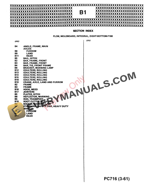 John Deere Eight-Bottom F180 Moldboard Integral Plow Parts Catalog PC716 01DEC60 PDF