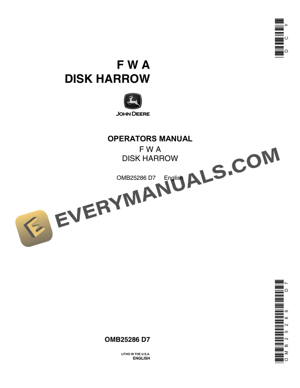 John Deere F W A Disk Harrows Operator Manual OMB25286