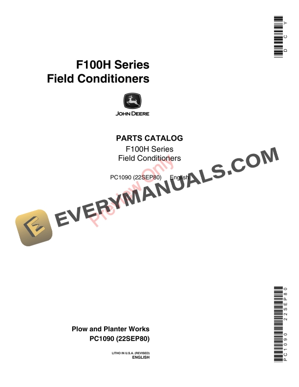 John Deere F100H Series Field Conditioners Parts Catalog PC1090 22SEP80