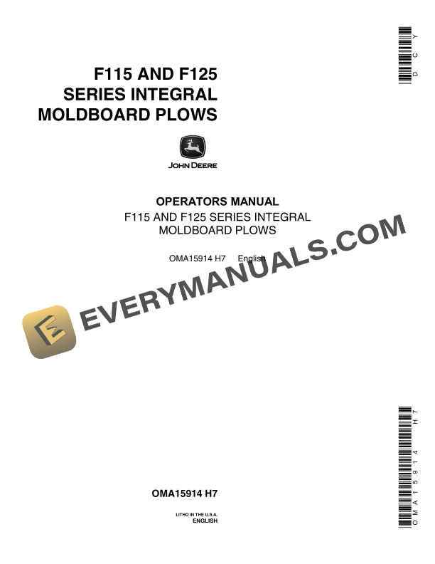 John Deere F115 and F125 Series Integral Moldboard Plow Operator Manual OMA15914