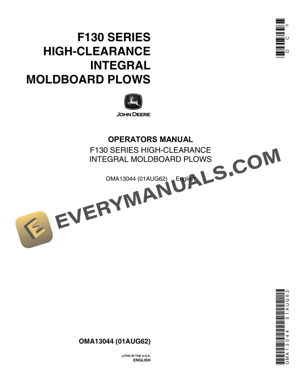 John Deere F130 SERIES HIGH CLEARANCE INTEGRAL MOLDBOARD PLOW Operator Manual OMA13044 1