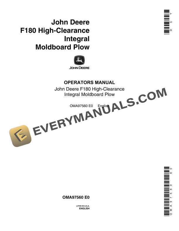John Deere F180 High Clearance Integral Moldboard Plow Operator Manual OMA97560 1