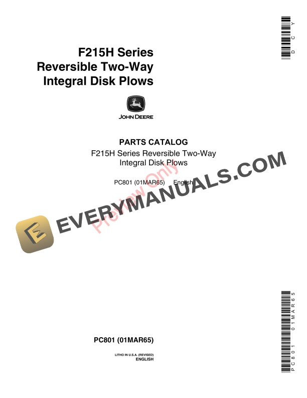 John Deere F215H Series Reversible Two-Way Integral Disk Plows Parts Catalog PC801 01MAR65