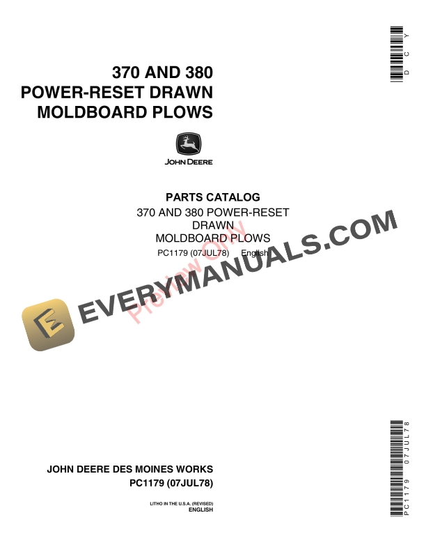 John Deere F370, F380 Power-Reset Drawn Moldboard Plows Parts Catalog PC1179 07JUL78