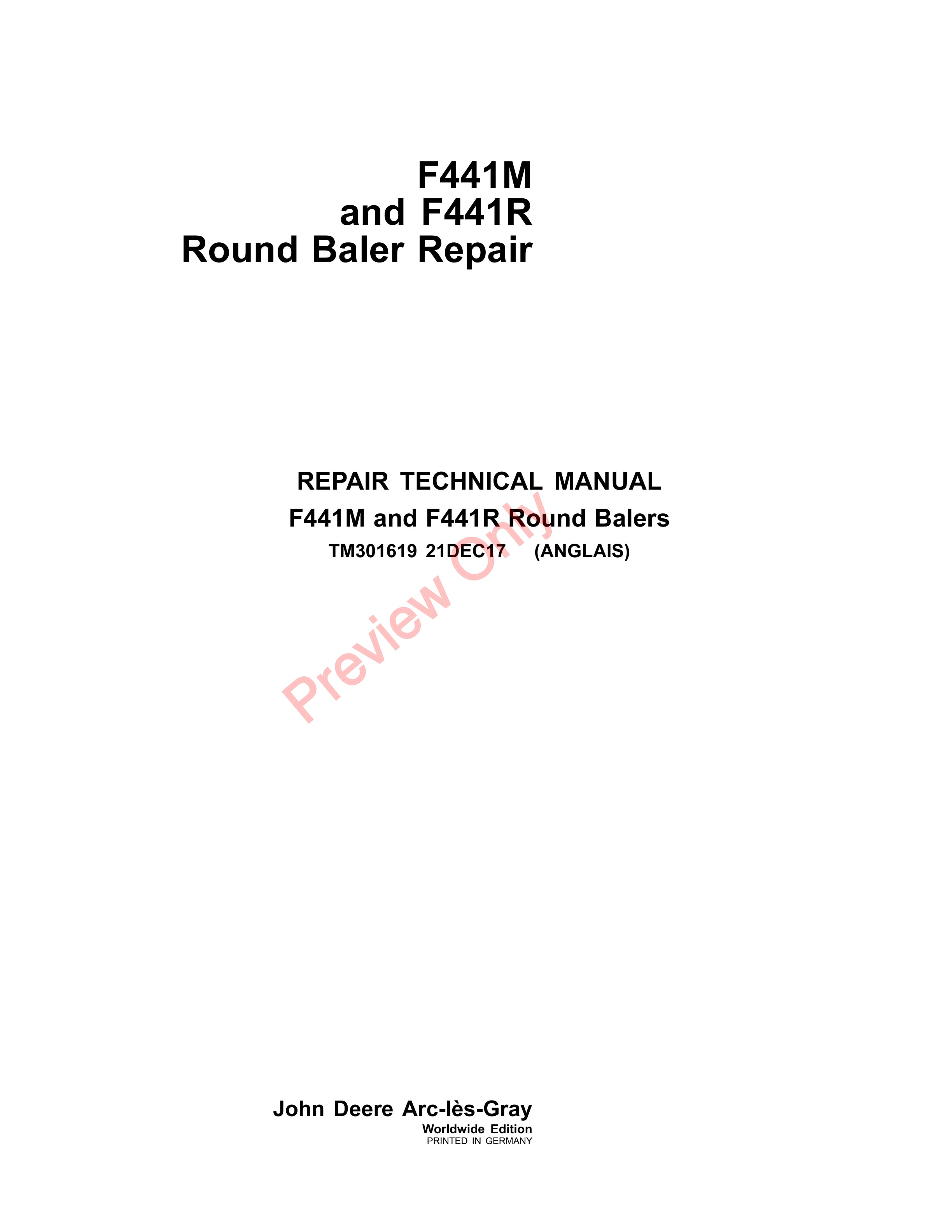 John Deere F441M and F441R Round Baler Repair Technical Manual TM301619 02MAY18 1