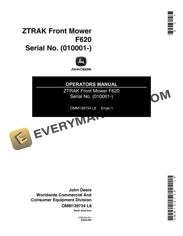 John Deere F620 ZTRAK Front Mower Serial No. 010001 Operator Manual OMM139734 1