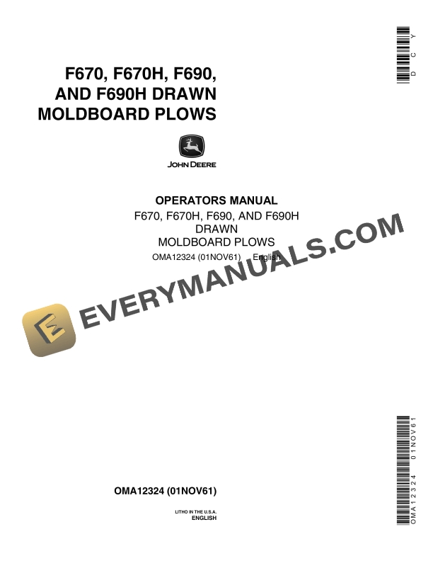 John Deere F670, F670H, F690, F690H Drawn Moldboard Plow Operator Manual OMA12324