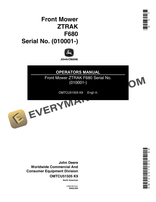 John Deere F680 ZTrak Front Mower Operator Manual OMTCU51505