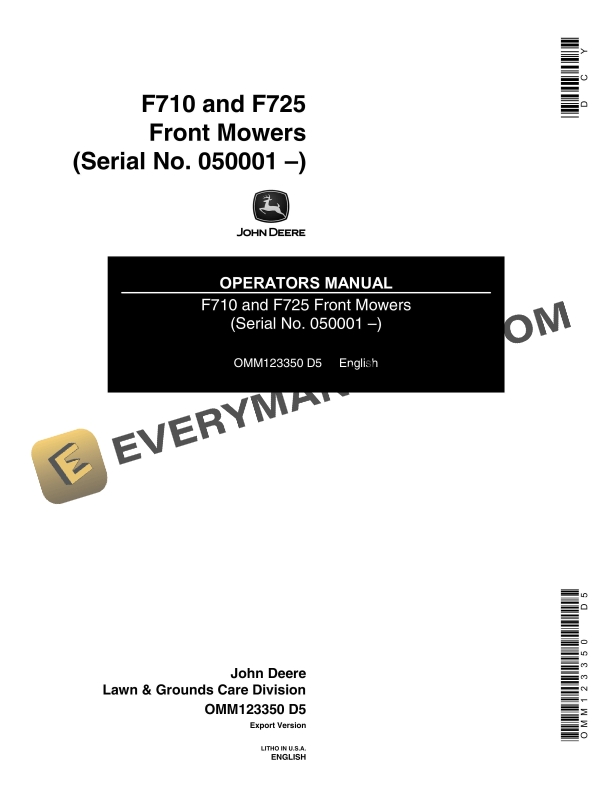 John Deere F710 and F725 Front Mowers Operator Manual OMM123350