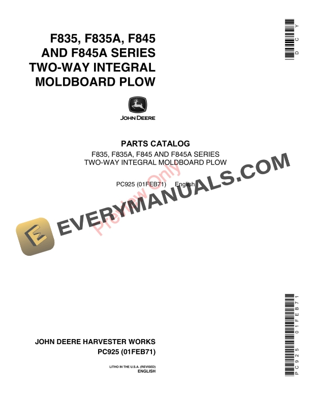 John Deere F835 F835A F845 F845A Moldboard Plows Parts Catalog PC925 01FEB71 1
